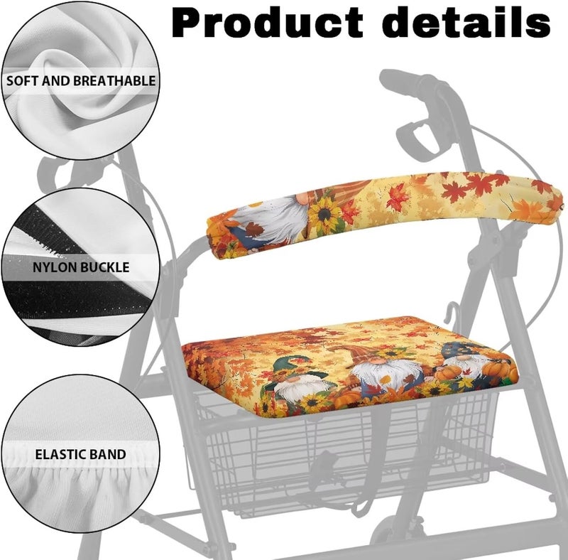 Hechitok Maple Leaf Gnome Rollator Walker Seat & Backrest Covers - Removable, Washable, Universal Fit for Seniors, Soft Fabric Walker Accessories - Image 4